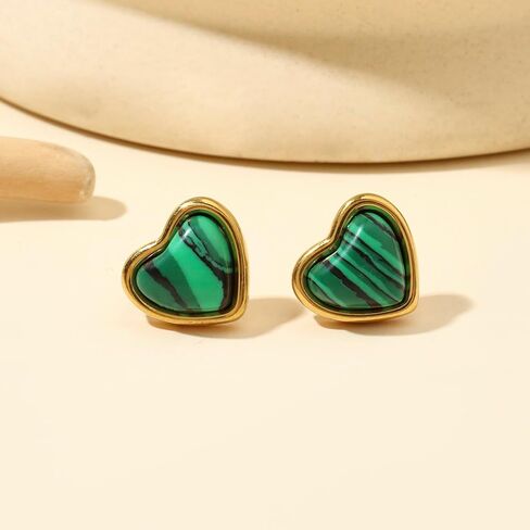 Heart Stud Earrings for Women 10mm 14K Gold Plated Handmade Heart Crystal Earrings Gemstone Earrings Birthstone Jewelry Gifts for Mother Daughter Wife Mom Girlfriend Her (malachite) in Saudi Arabia