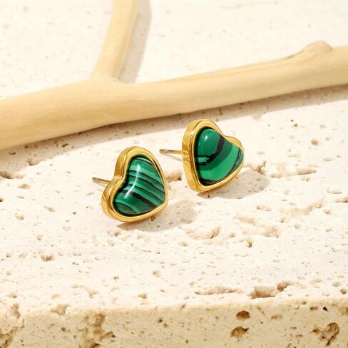 Heart Stud Earrings for Women 10mm 14K Gold Plated Handmade Heart Crystal Earrings Gemstone Earrings Birthstone Jewelry Gifts for Mother Daughter Wife Mom Girlfriend Her (malachite) in Saudi Arabia