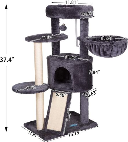 Hey-brother Cat Tree with Scratching Board, Cat Tower with Padded Plush Perch and Cozy Basket, Multi-Platform for Jump, Smoky Gray MPJ005G in Saudi Arabia