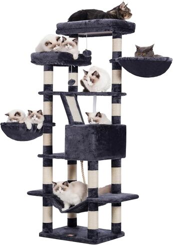 Heybly Cat Tree,68 inch Multi-Level Cat Tower for Indoor Cats,2 Widened Plush Perches Cat Condo with Scracthing Board and Big Caves,Smoky Gray HCT025G in Saudi Arabia