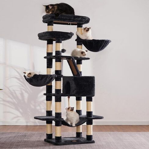 Heybly Cat Tree,68 inch Multi-Level Cat Tower for Indoor Cats,2 Widened Plush Perches Cat Condo with Scracthing Board and Big Caves,Smoky Gray HCT025G in Saudi Arabia