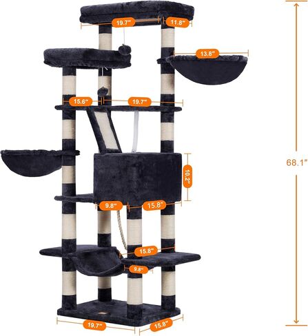 Heybly Cat Tree,68 inch Multi-Level Cat Tower for Indoor Cats,2 Widened Plush Perches Cat Condo with Scracthing Board and Big Caves,Smoky Gray HCT025G in Saudi Arabia