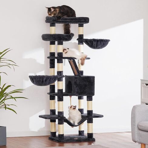 Heybly Cat Tree,68 inch Multi-Level Cat Tower for Indoor Cats,2 Widened Plush Perches Cat Condo with Scracthing Board and Big Caves,Smoky Gray HCT025G in Saudi Arabia