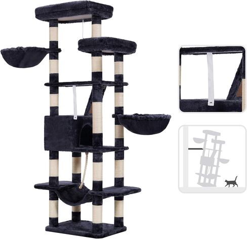 Heybly Cat Tree,68 inch Multi-Level Cat Tower for Indoor Cats,2 Widened Plush Perches Cat Condo with Scracthing Board and Big Caves,Smoky Gray HCT025G in Saudi Arabia