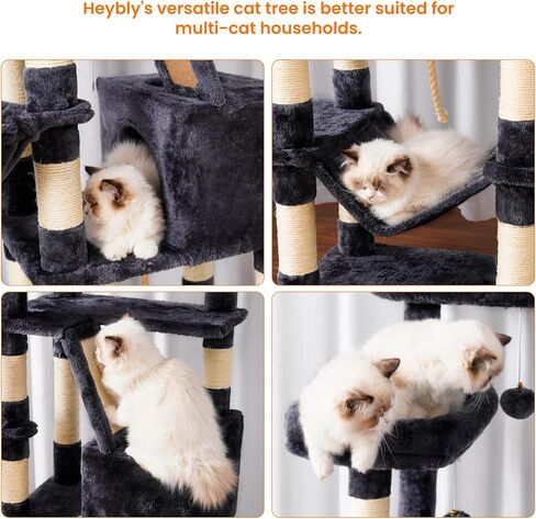 Heybly Cat Tree,68 inch Multi-Level Cat Tower for Indoor Cats,2 Widened Plush Perches Cat Condo with Scracthing Board and Big Caves,Smoky Gray HCT025G in Saudi Arabia