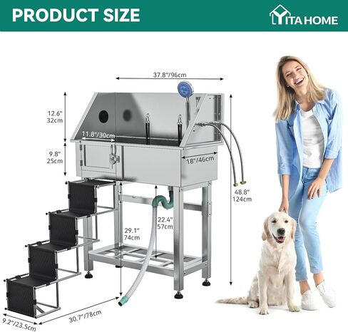 YITAHOME Professional Dog Bathtub 38in Stainless Steel 304 Dog Bathing Station for Home with Storage Shelf, Faucet, Floor Grate, Pet Washing Station w/Left Stairs for Medium, Small Pets in Saudi Arabia