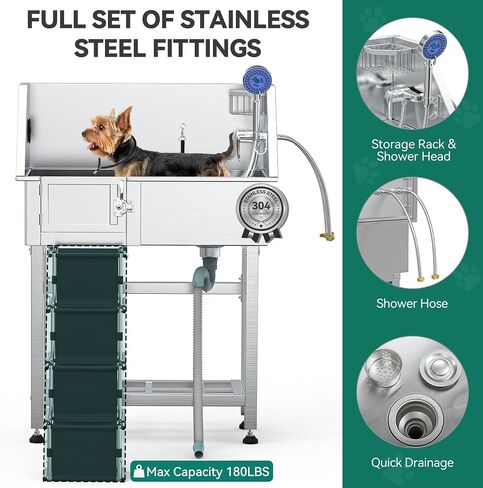 YITAHOME Professional Dog Bathtub 38in Stainless Steel 304 Dog Bathing Station for Home with Storage Shelf, Faucet, Floor Grate, Pet Washing Station w/Left Stairs for Medium, Small Pets in Saudi Arabia