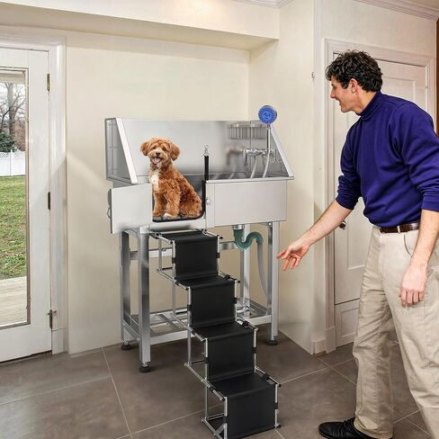 YITAHOME Professional Dog Bathtub 38in Stainless Steel 304 Dog Bathing Station for Home with Storage Shelf, Faucet, Floor Grate, Pet Washing Station w/Left Stairs for Medium, Small Pets in Saudi Arabia