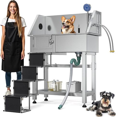 YITAHOME Professional Dog Bathtub 38in Stainless Steel 304 Dog Bathing Station for Home with Storage Shelf, Faucet, Floor Grate, Pet Washing Station w/Left Stairs for Medium, Small Pets in Saudi Arabia