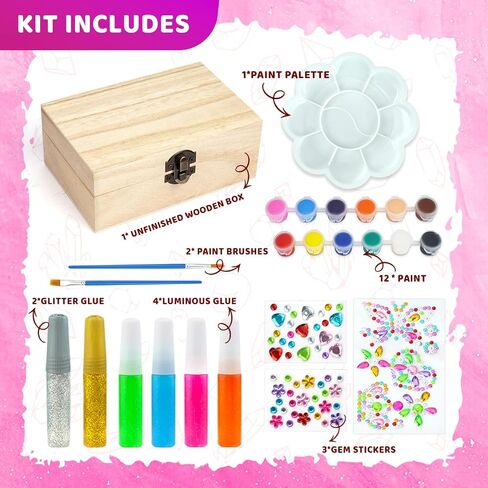 Ambesi Paint Your Own Wooden Treasure Box, Arts and Crafts Kit for Kids Girls Ages 4-12, Decorate Your Own Jewelry Box, Art DIY Treasure Box Set, Gifts for Birthday Christmas Valentine Day in Saudi Arabia