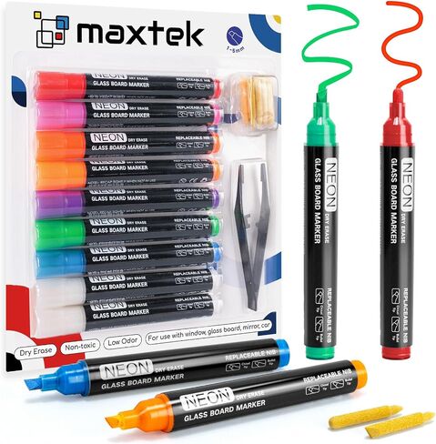 maxtek Neon Dry Erase Markers for Glass,Window Markers for Dry Erase Board,Chalkboard,LED Note Board,Acrylic Refrigerator Calendar,Chisel Tip,Low Odor,Assorted Colors,9 Count in Saudi Arabia