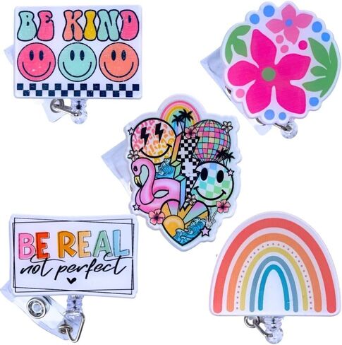 5 PC Cute Nurse Badge Reel Retractable Name Tag ID Clip Holder Retro Pink Cowboy Smiley Face Be Kind Heart Rainbow for Nurses Nursing Student RN Pediatric Teacher Funny Office Work Accessories in Saudi Arabia
