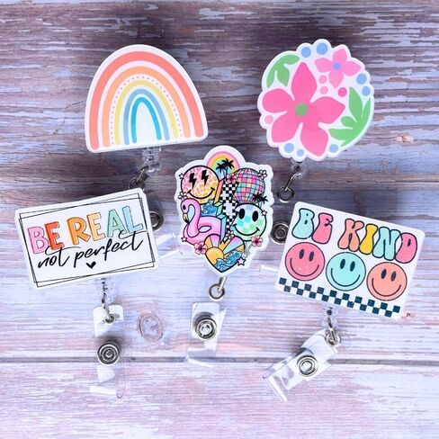 5 PC Cute Nurse Badge Reel Retractable Name Tag ID Clip Holder Retro Pink Cowboy Smiley Face Be Kind Heart Rainbow for Nurses Nursing Student RN Pediatric Teacher Funny Office Work Accessories in Saudi Arabia