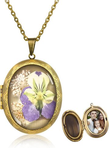Violet Pressed Flower Necklace,Handmade Oval Shaped Photo Locket Necklace, February Birth Flower Necklace For Women, Personalized Vintage Picture Locket Necklace For Birthday,Party, Christmas in Saudi Arabia