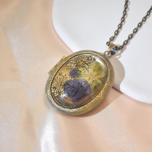Violet Pressed Flower Necklace,Handmade Oval Shaped Photo Locket Necklace, February Birth Flower Necklace For Women, Personalized Vintage Picture Locket Necklace For Birthday,Party, Christmas in Saudi Arabia