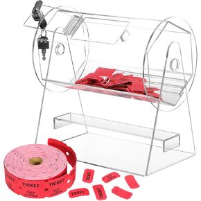 Acrylic Raffle Ticket Spinner Drum with 2000 Red Raffle Tickets Double Roll, Spinning Raffle Ticket Box for Balls, Chips, Tickets with 2 Keys, Transparent Raffle Ticket Box for Lottery Games