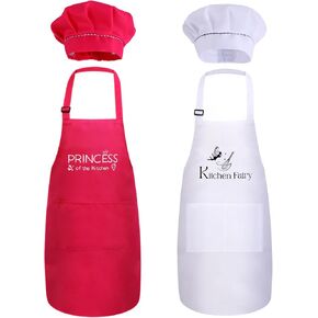 4 PCS Kids Apron and Chef Hat Set, Adjustable Child Waterproof Apron Chef in Training Funny Apron for Girls Boys