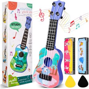 Mini Guitar 10 Inch Musical Toy Guitar, Classical Mini Toddler Ukulele with 2 Extra Mini Harmonica 16 Holes and 2 Kids Guitar Party Favor (Dinosaur)