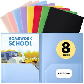 BEYGORM 8 Pack Plastic Folders with Pockets Bulk, Cute Pastel Kids Homework Organizer, Letter Size 2 Pocket Colored Folders for School, File Paper Folders with Business Card Slot for Documents