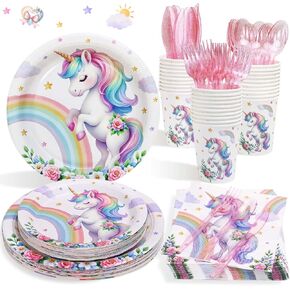 175Pcs Unicorn Birthday Decorations Plates Set,Unicorn Party Decorations Pastel Rainbow Plates Napkins Cups and Cutlery for 25 Guests