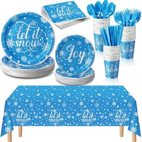 352 Pcs Snowflake Party Tableware Set Christmas Snowflake Tablecloth Snowflake Plates Napkins Cups Disposable Winter Holiday Party Decoration Snowflake Dinnerware for 50 Guests (Silver)