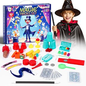 Magic Tricks Kit, 100+ Magic Tricks for Kids Age 6 7 8 9 10 11 12, Magician Costume for Pretend Play with Magic Props & Instruction for Beginners and Kids, Christmas Halloween Birthday Gifts for Kids