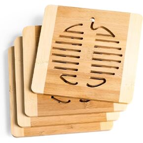 4pcs Bamboo Trivets for Hot Dishes, 6x6 inch Fish-Shaped Wood Hot Pads for Countertops and Kitchen, Decorative Trivets for Hot Pots and Pan, Versatile Hot Pan Mat, Quartz Countertops Protection