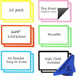 Dry Erase Magnets Set - 12 Pack - 6x4 in Whiteboard Magnetic Planning Pads Labels - Small White Board Magnet Strips Name Tags for Home, Office and Classroom