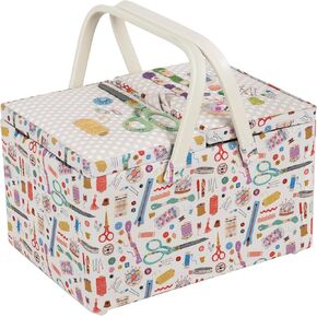 Hobby Gift Sewing Basket – 12 x 8.25 x 7.75" Large Twin Lid Sewing Box with Removeable Tray & Pincushion, Craft Storage & Hobby Organiser for Sewing Supplies – Notions