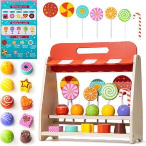 Wooden Candies and Lollypops Food Toy with Stand, Educational Toys for 2-7 Years Old Girls and Boys, Dessert Play Food Set for Toddlers, Sweets Pretend Play Kitchen, Color and Shape Recognition