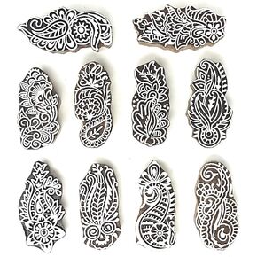 Wooden Stamps for Block Printing - Indian Textile Printing Blocks Clay Pottery Stamps for Fabric, Card, Henna Stamps - [ Pack of 10 pc ] Hashcart®