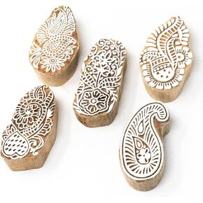 Paisley & Tree Shapes Wooden Printing Stamps - Wooden Stamps for Block Printing on Saree Border, Textile, Clay, Pottery, Tattoo Set of 5 Hashcart® in Kuwait