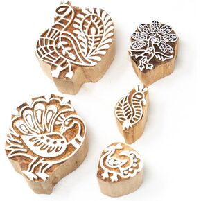 Paisley & Tree Shapes Wooden Printing Stamps - Wooden Stamps for Block Printing on Saree Border, Textile, Clay, Pottery, Tattoo Set of 5 Hashcart®