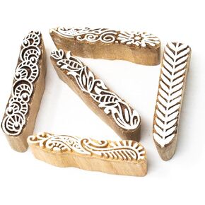 Paisley & Tree Shapes Wooden Printing Stamps - Wooden Stamps for Block Printing on Saree Border, Textile, Clay, Pottery, Tattoo Set of 5 Hashcart®