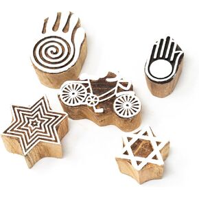 HASHCART® Elegant Designs Flower and Lotus Wooden Block Stamps Set of 5, Handmade Wood Printing Stamps for Kids' Art Projects, Textiles, Fabric, Clay, Henna, Tatotoo, Wood Stamps for Craft