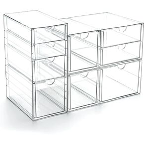 Prsildan Acrylic Drawer Makeup Organizer with 9 Drawers, Set of 3 Office Desk Organizers Accessories, Clear Stackable Storage Drawers for Vanity, Countertop, Craft, Jewelry, Art Supply Organization