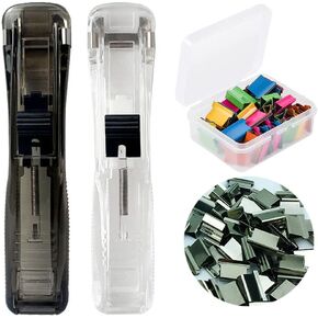 2Pcs Clam Clips for Paper, Paper Clam Clip, Portable Clam Clip Dispenser with 100 Reusable Stainless Steel Metal Refill Clips, Fast Paper Clipper for Office Document School Supplies, Pink & Blue