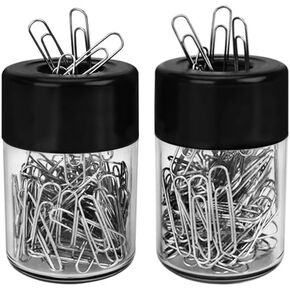Acrimet Magnetic Paper Clip Holder Dispenser, Round Design, 100 Regular Paper Clip Capacity (Clear Crystal Base/ Black Magnetic Lid) (2 pack)