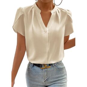 Astylish Women's Casual Notched V Neck Cap Sleeve Dressy Chiffon Blouse Tops