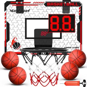 EagleStone Indoor Mini Basketball Hoop for Kids, Over The Door Basketball Hoops with LED Lighting, Mini Hoop with Scoreboard & 4 Balls, Perfect Basketball Toy Gift for Boys and Girls Ages 3-5,8-12