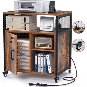 Braking Wheels Filing Cabinet with Lock, File Cabinets with Charging Station, Printer Stand with Storage for Office Home, A4 Letter Size File Folders
