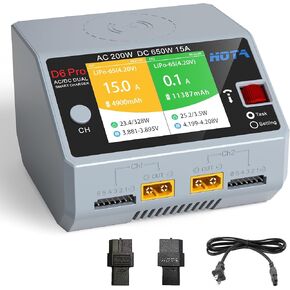 HOTA D6 Pro Lipo Battery Charger Dual Channel Smart Charger AC200W DC650W (325W*2) 15A Balance Charger for RC Lipo LiHv Nicd NiMH Battery Charging RC Car RC Boat FPV Race Drone Parts