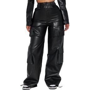 EZAPINE Women's Faux Leather Cargo Pants High Waisted Y2K Relaxed Pants with Pockets