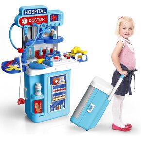 Doctor Kit for Kids 3-5, Pretend Doctor Playset for Toddlers with Costume and Stethoscope, 34 Pcs with Realistic Light & Sound Effects, Pretend Mobile Medical Station, Role Play Medical Toy