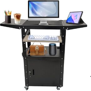 AV Cart, Steel AV Cart with Locking Cabinet and Pullout Keyboard Tray, Adjustable-Height Rolling Media Cart with Wheels & Power (43"x18"x43")