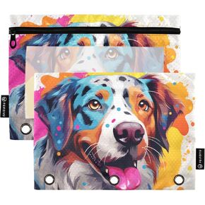 Colorful Dog Binder Pencil Pouch 3 Ring with Zipper Clear Window Cosmetic Bag 2 Pack, E01W23017