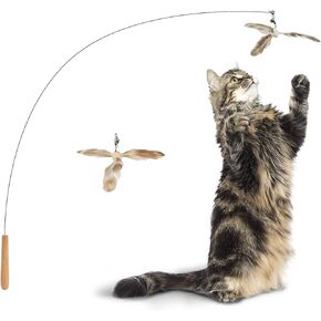 FUKUMARU Cat Wand Toy, 35.5 Inch Cat Feather Propeller Toy with Bell, Steel Wire Cat Toy for Indoor Cats with Natural Feather