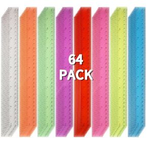 64 Pack Transparent Plastic Rulers, 12 Inch Clear Ruler with Centimeters, Millimeter and Inches, 8 Colors Plastic Rulers for Student, Classroom, Office, Home, School Supplies
