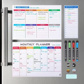 Pubell Magnetic Fridge Calendar Whiteboard Set (3-Pack) with Monthly, Weekly, and Shopping List, Come with 4 Markers and 4 Small Magnet and 1 Eraser
