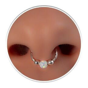 Silver White Opal Fake Septum Hoop Ring - 20 Gauge Faux Septum Piercing Jewelry - 925 Sterling Silver Clip on Septum Hoops - No Piercing Opal Spetum Piercing Ring - Silver Fake Septum Ring